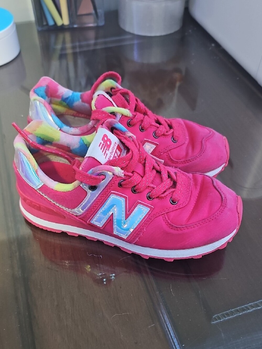 New Balance Kids Hot Pink Sneakers with Rainbow Collar - Picture 2 of 6